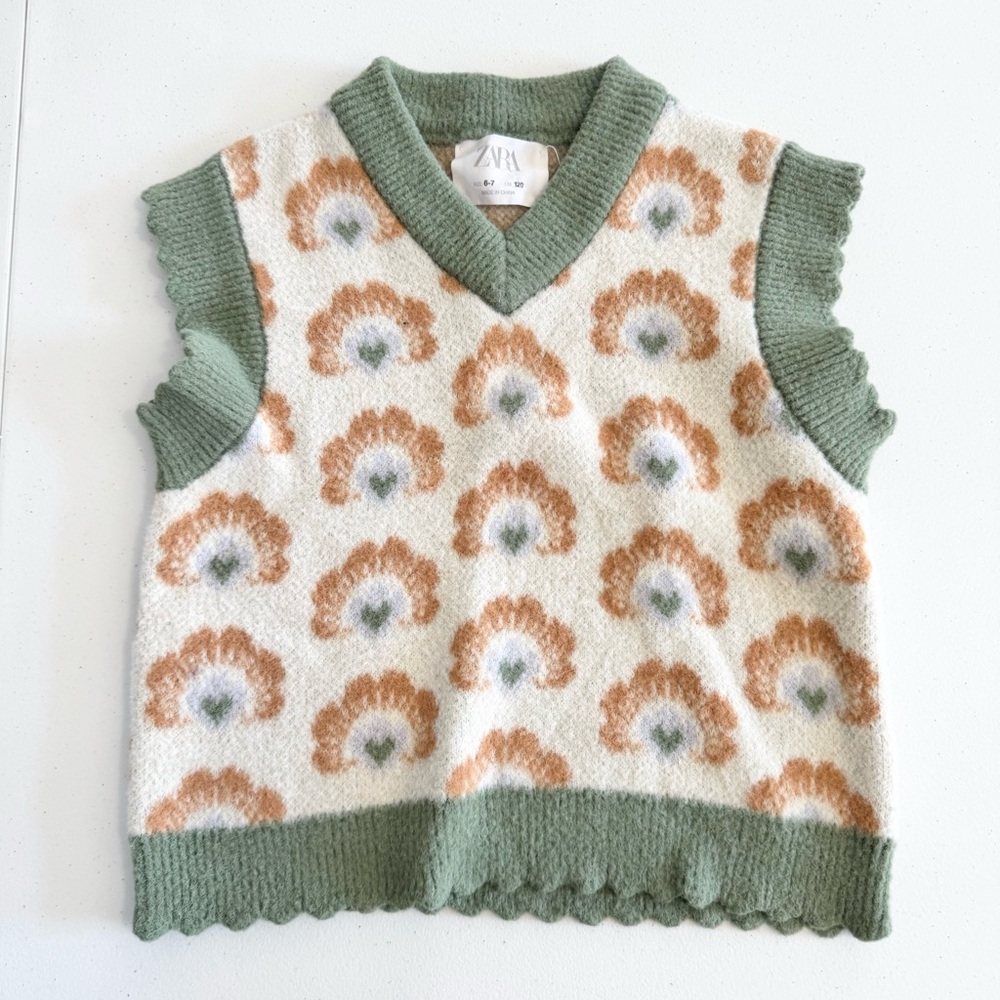 NWOT Kids Girls Zara Olive and Cream Floral Retro Knit Sweater w/Scallops 6-7